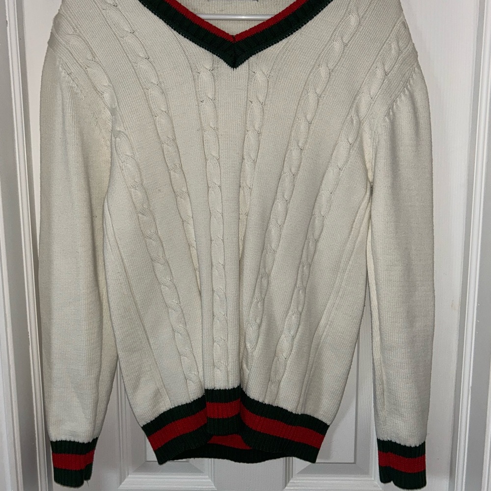 Classic V-Neck Sweater - Cream with Green and Red Accents
